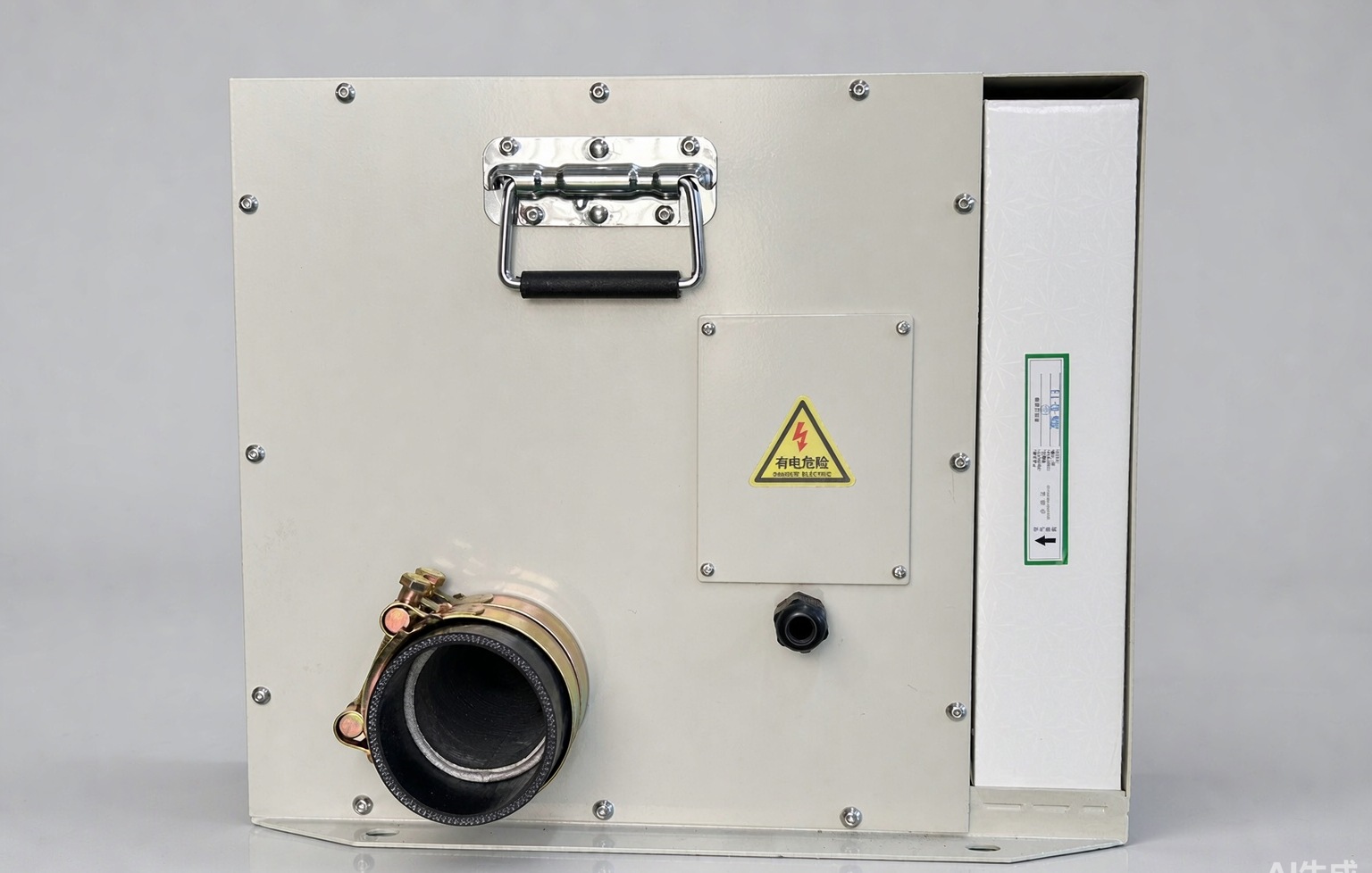 Front view: stainless handle, rubber inlet with clamp, cable gland, warning label, large intake filter grille